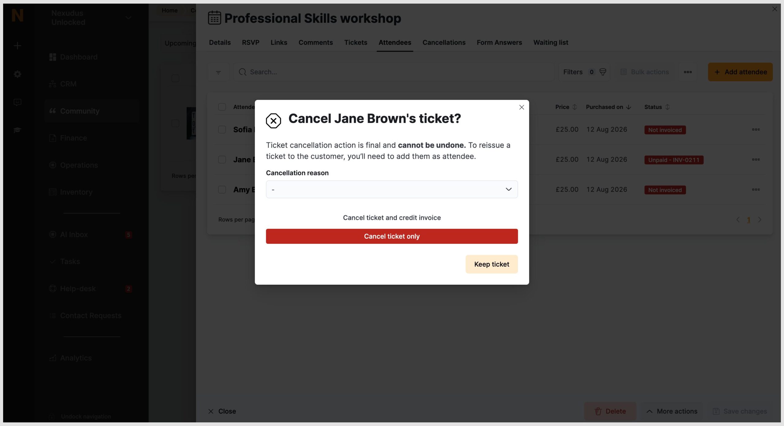 Cancelling invoiced but unpaid ticket