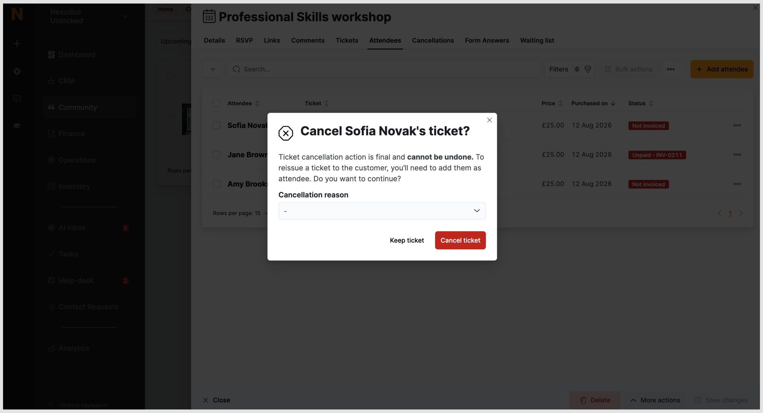 Cancelling not invoiced ticket