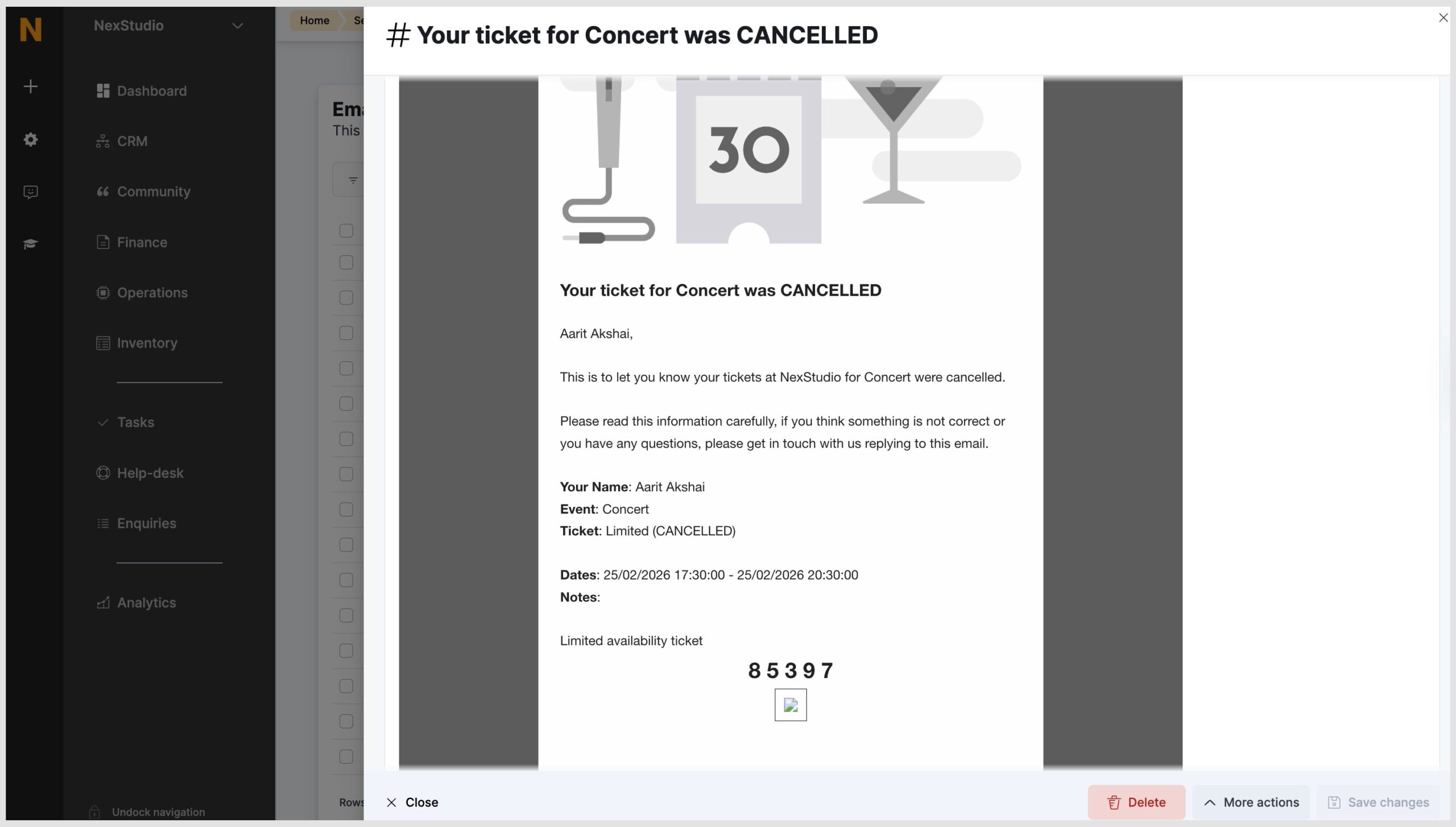 Ticket cancelation email