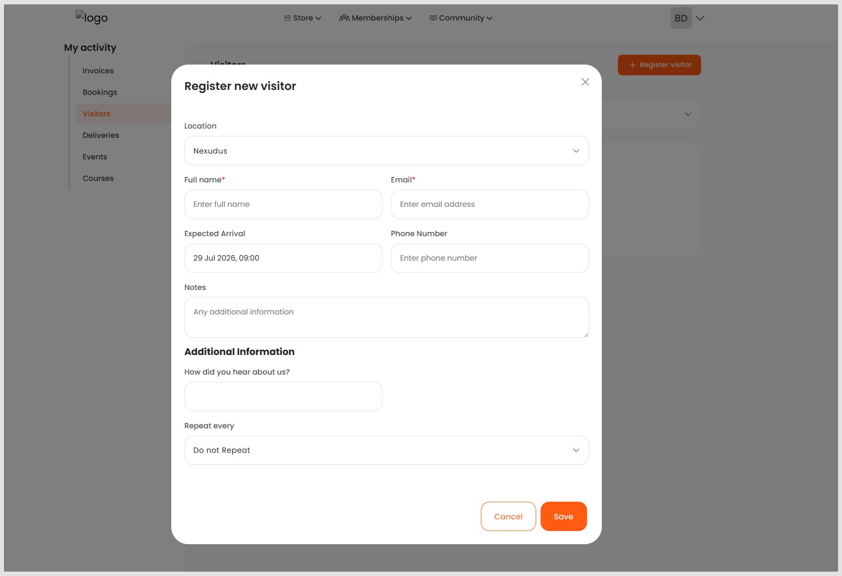 Visitor registration form on Members Portal