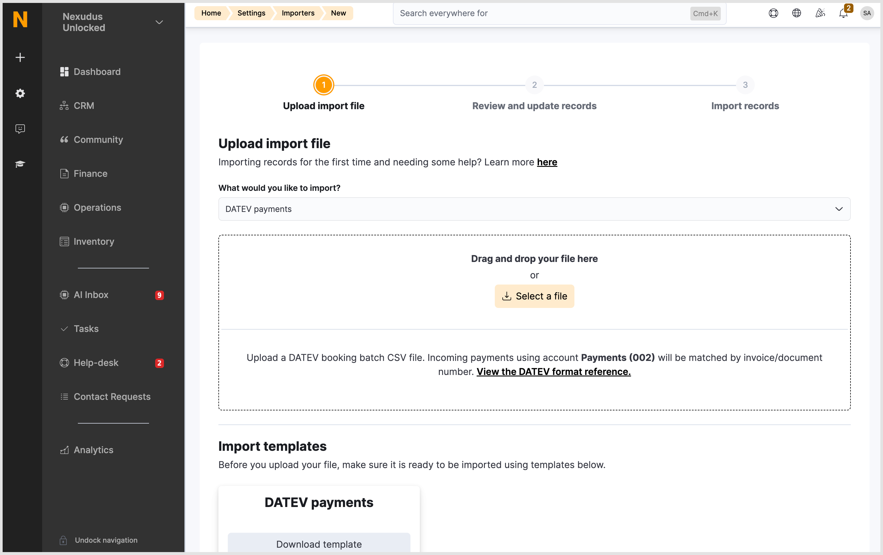 The import tool screen on the Admin Panel