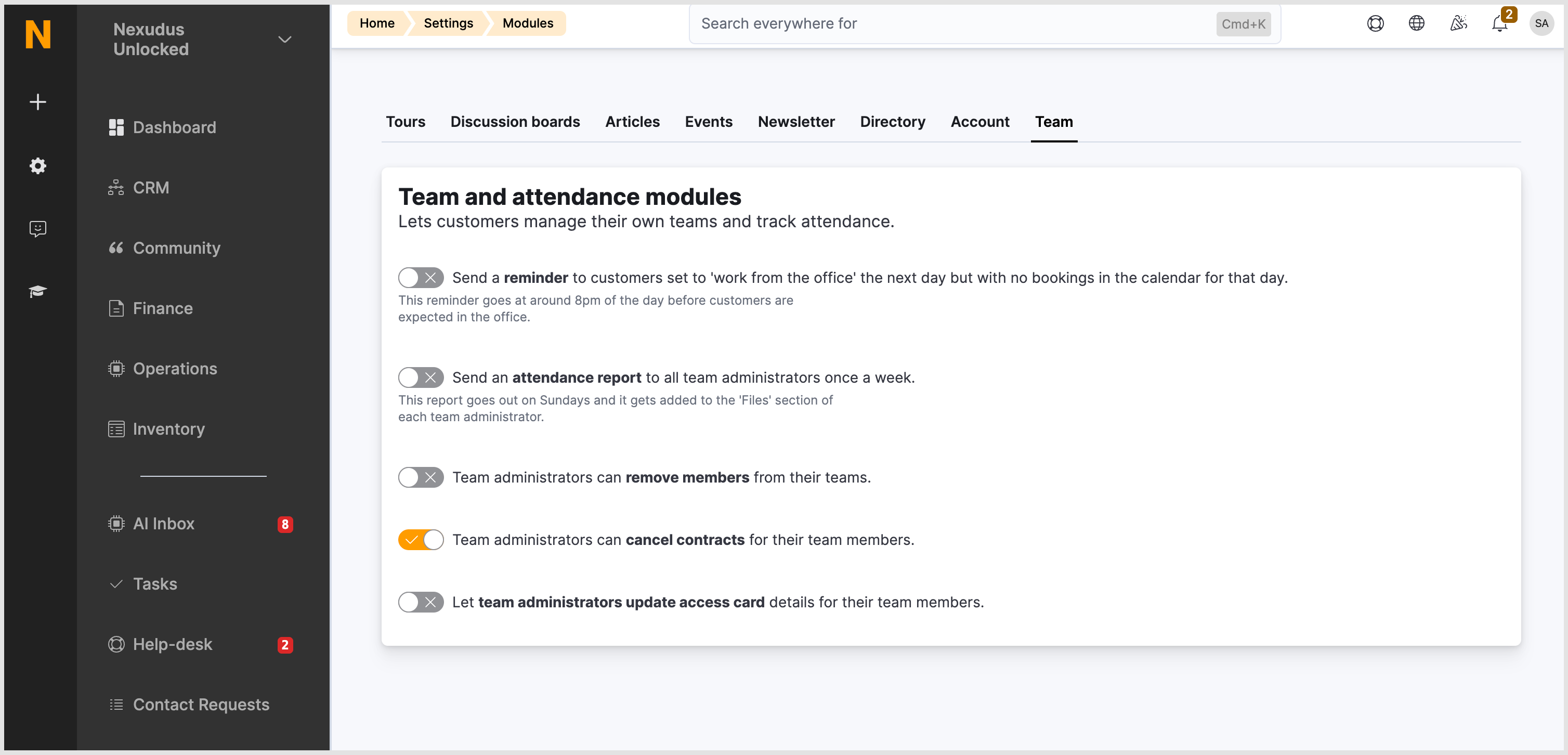 Admin Panel > Settings > Modules > Team > Team Admins cancel contract setting