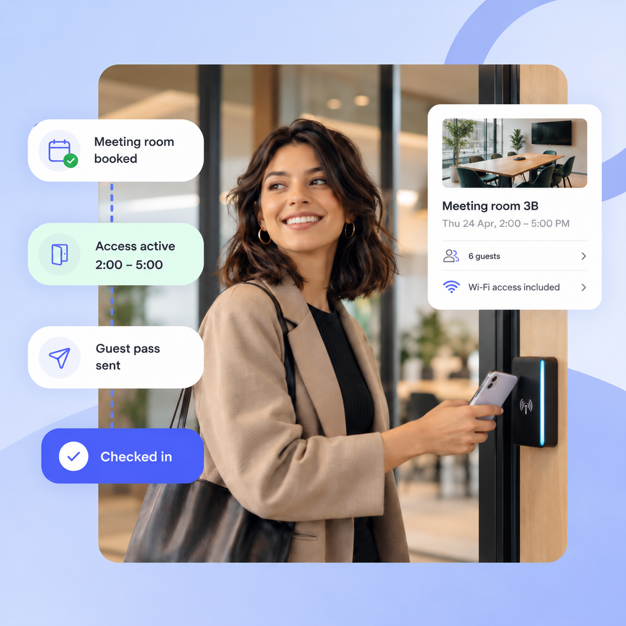 an image showing. a woman using smart access to check in based on her individual data